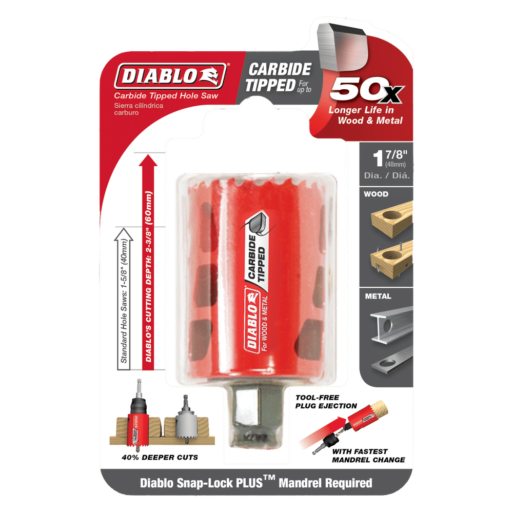 Introducing the DIABLO DHS1875CT 1-7/8 in. Carbide Teeth Hole Saw by Diablo, featuring advanced carbide teeth for faster cutting in wood and metal. This red tool achieves 50x longer life, deeper cuts, requires a Snap-Lock Plus Mandrel, and includes a plug ejection hole design.