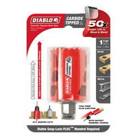 Introducing the DIABLO DHS1875CT 1-7/8 in. Carbide Teeth Hole Saw by Diablo, featuring advanced carbide teeth for faster cutting in wood and metal. This red tool achieves 50x longer life, deeper cuts, requires a Snap-Lock Plus Mandrel, and includes a plug ejection hole design.