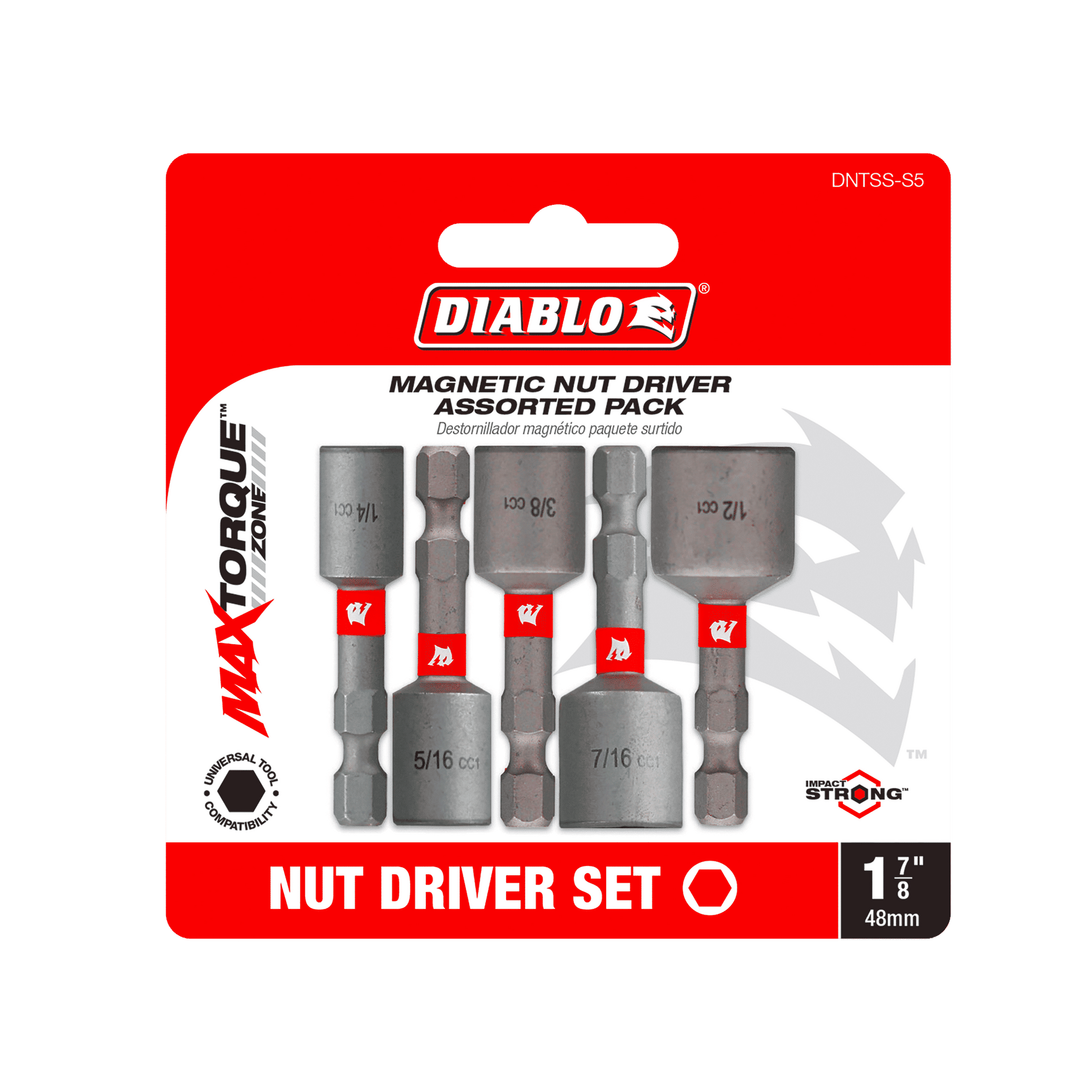 Image of the Diablo DNTSS-S5 Magnetic Nut Driver Assorted Pack, highlighting extreme durability and impact resistance. The set includes five drivers with sizes 1/4 to 7/8 inches. The red and black packaging features branding and bilingual text in English and Spanish.