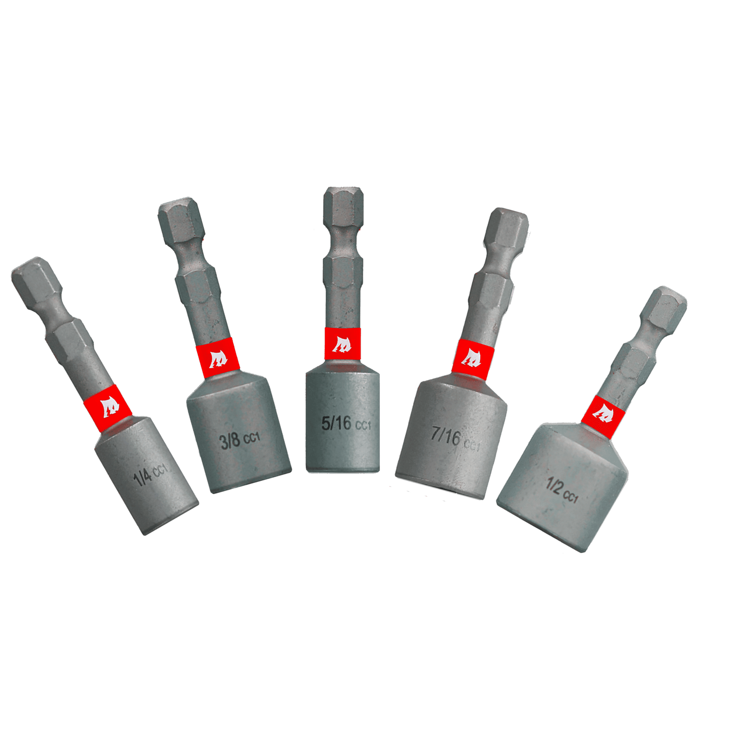 The DIABLO DNTSS-S5 set includes five 1-7/8 in. magnetic nut drivers with sizes 1/4, 3/8, 5/16, 7/16, and 1/2. Featuring a metallic finish and Diablos red branding, these tools provide excellent impact resistance for heavy-duty use.