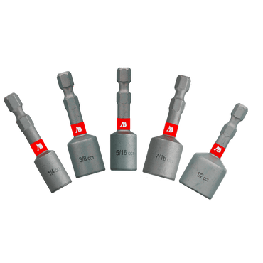 The DIABLO DNTSS-S5 set includes five 1-7/8 in. magnetic nut drivers with sizes 1/4, 3/8, 5/16, 7/16, and 1/2. Featuring a metallic finish and Diablos red branding, these tools provide excellent impact resistance for heavy-duty use.