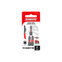 This image shows the packaging for DIABLO DPHV1-S3 1 in. Assorted Phillips Drive Bits (3-Piece) featuring Impact Strong™ technology, ensuring extreme durability and 50x longer life. The red, black, and white design enhances its appeal.