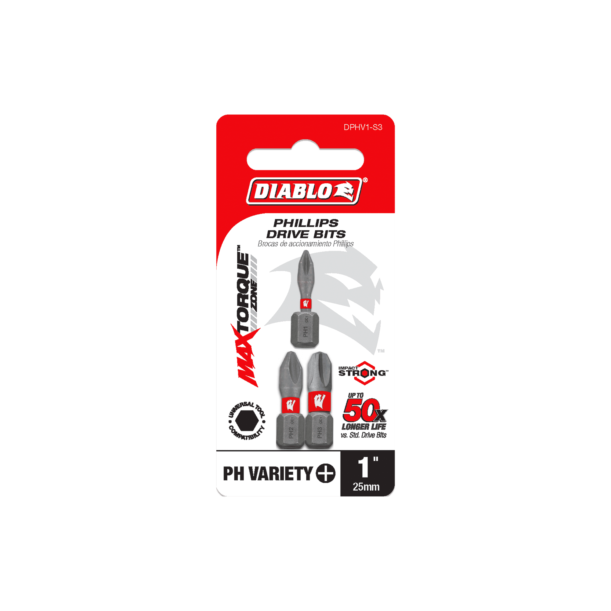 This image shows the packaging for DIABLO DPHV1-S3 1 in. Assorted Phillips Drive Bits (3-Piece) featuring Impact Strong™ technology, ensuring extreme durability and 50x longer life. The red, black, and white design enhances its appeal.