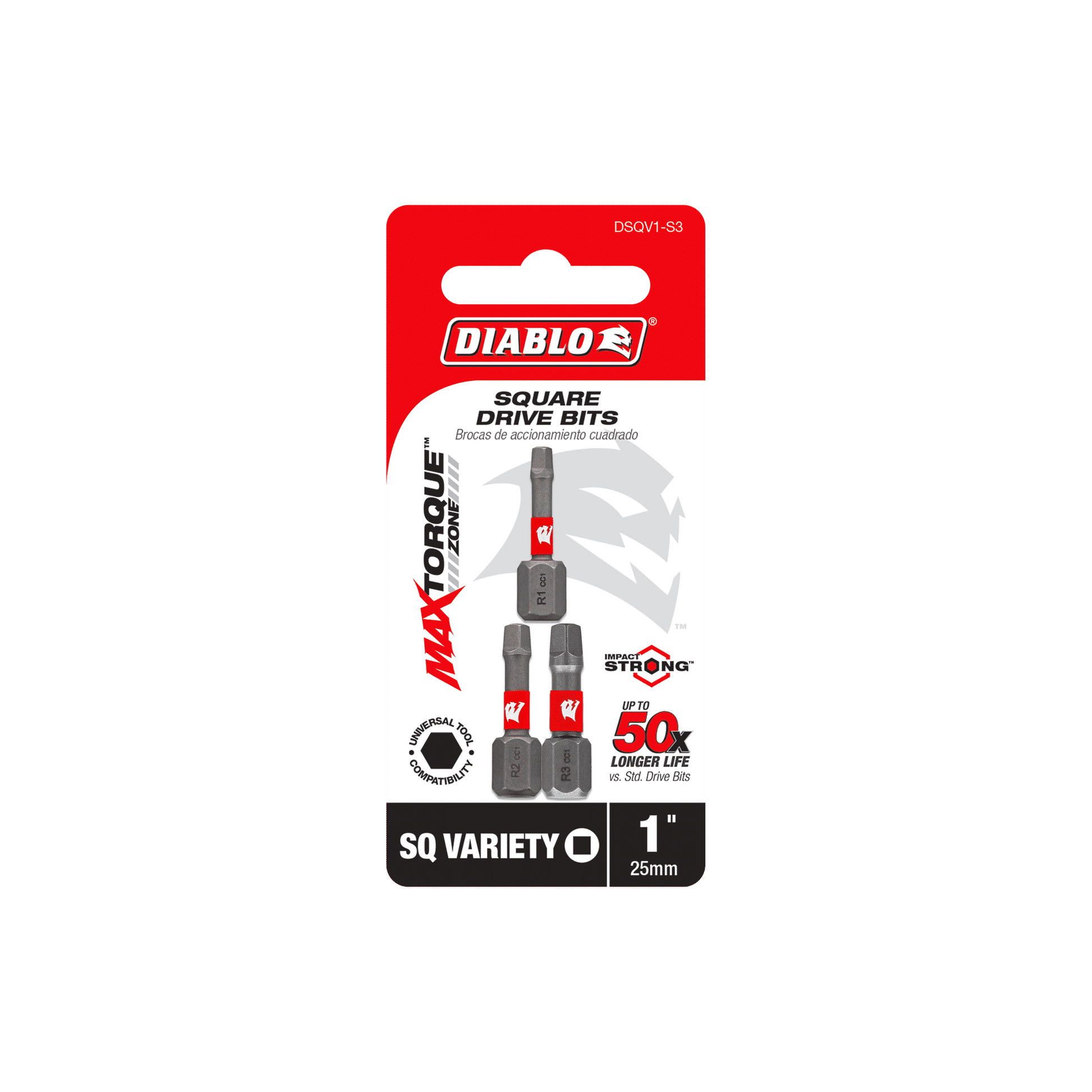 The DIABLO DSQV1-S3 packaging displays three 1-inch assorted square drive bits in a striking red and gray design with a prominent Diablo logo, highlighting the extreme durability and strength of the MaxTorque Zone.