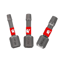 The Diablo DSQV1-S3 1 in. Assorted Square Drive Bits (3-Piece) feature the MaxTorque Zone for superior performance. Adorned with red and white bands and a logo, the durable bits stand upright on a green background, labeled R1, R2, and R3.