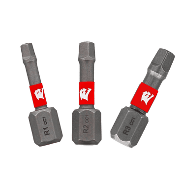 The Diablo DSQV1-S3 1 in. Assorted Square Drive Bits (3-Piece) feature the MaxTorque Zone for superior performance. Adorned with red and white bands and a logo, the durable bits stand upright on a green background, labeled R1, R2, and R3.