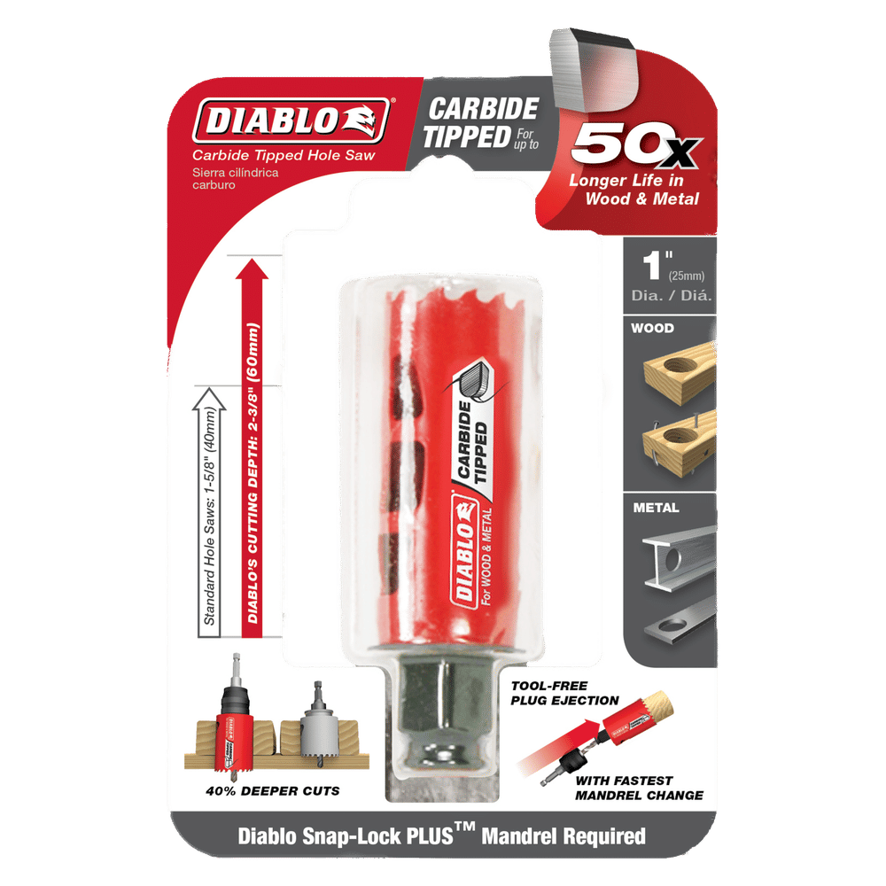 The DIABLO DHS1000CT hole saw features a 1 diameter with durable carbide teeth for 50x longer life in wood and metal. It offers tool-free plug ejection, faster material removal, and the Snap-Lock Plus Mandrel System for enhanced efficiency.