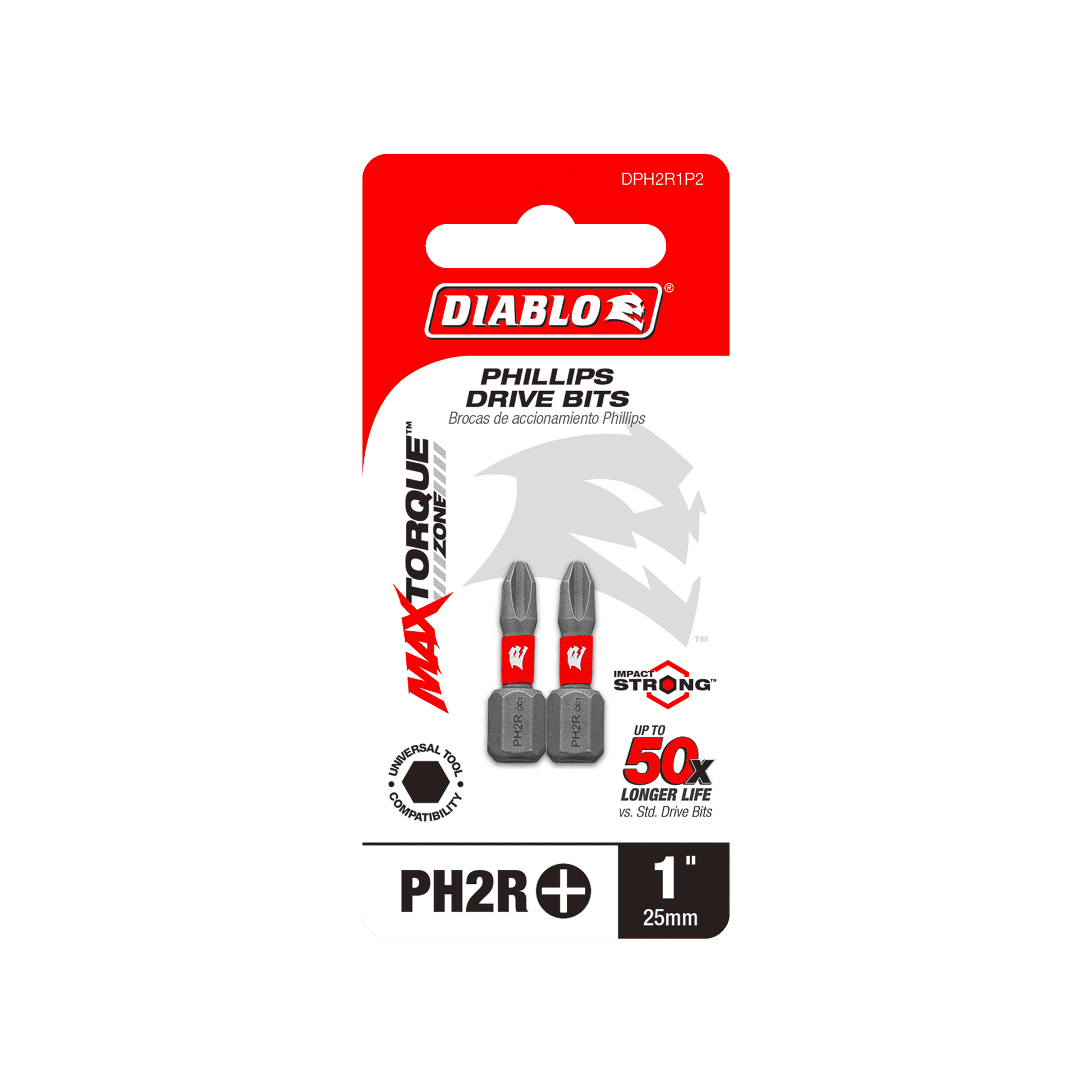 The DIABLO DPH2R1P2 1 in. Phillips Drive Bits for Drywall (2-Pack) features two grey bits with red details. Highlighted text reads Impact Strong™ and 50x Longer Life. The MaxTorque Zone enhances durability, with each bit measuring 1 inch (25mm).