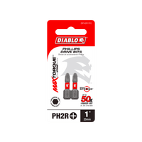 The DIABLO DPH2R1P2 1 in. Phillips Drive Bits for Drywall (2-Pack) features two grey bits with red details. Highlighted text reads Impact Strong™ and 50x Longer Life. The MaxTorque Zone enhances durability, with each bit measuring 1 inch (25mm).