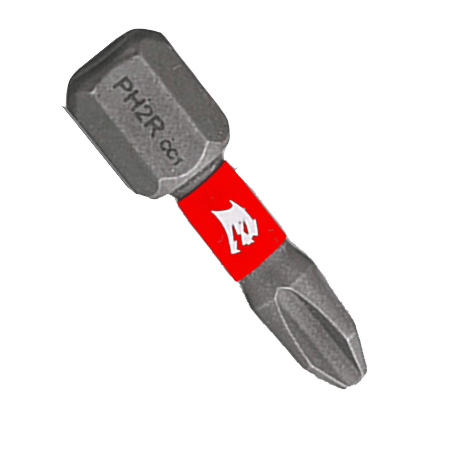 A close-up shows a metallic DIABLO DPH2R1P2 screwdriver bit with a red band and white logo. Designed for Phillips screws, the MaxTorque Zone ensures precision. The PH2R labeled bits boast Impact Strong™ technology, offering durability across all your projects. Comes in a 1 in., 2-pack for drywall use.