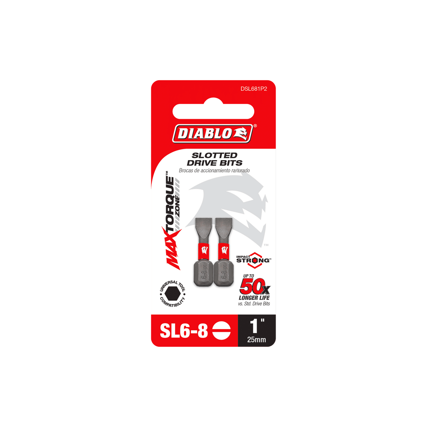 Pack of Diablo DSL681P2 1 in. SL6-8 Slotted Drive Bits (2-Pack) in red and black packaging with Impact Strong™ technology, touting Max Torque, 50x longer life, and includes two bits.