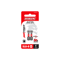 Pack of Diablo DSL681P2 1 in. SL6-8 Slotted Drive Bits (2-Pack) in red and black packaging with Impact Strong™ technology, touting Max Torque, 50x longer life, and includes two bits.