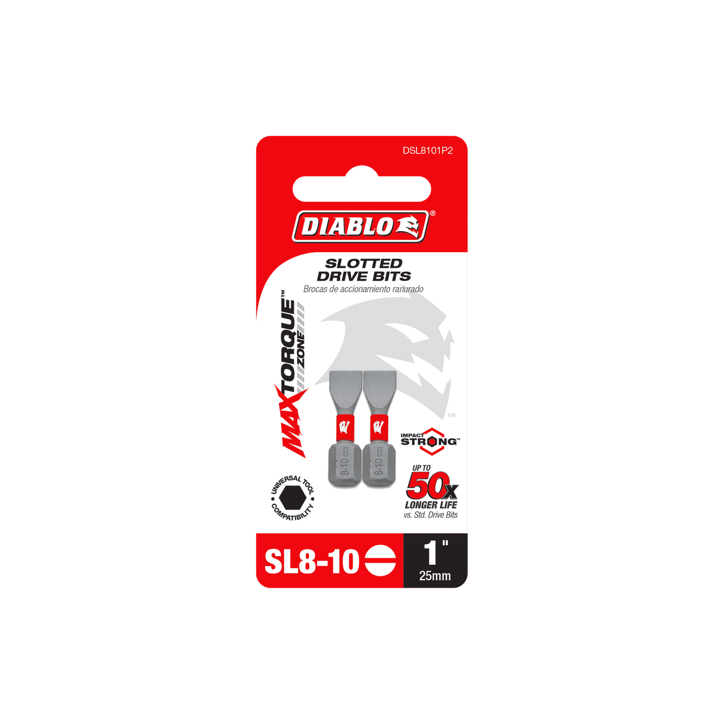 The DIABLO DSL8101P2 1 in. SL8-10 Slotted Drive Bits (2-Pack) by Diablo, labeled Max Torque, feature a gray design with red accents. These durable bits promise 50x Longer Life and exceptional performance in the MaxTorque Zone with impact strong™ technology.