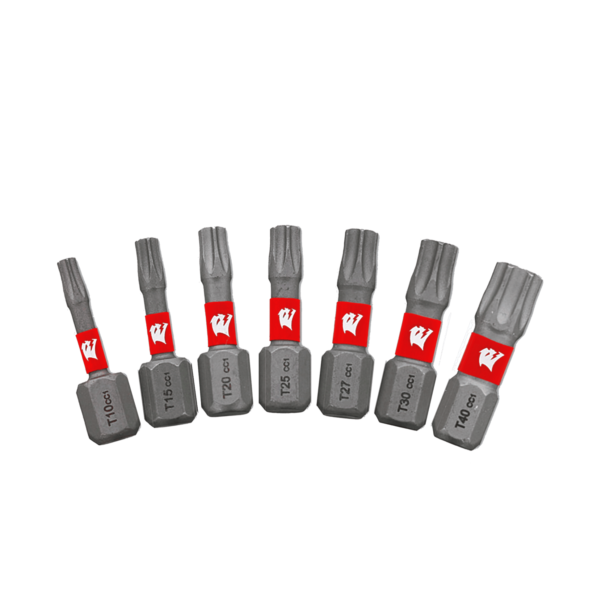 Seven gray and red Diablo DIABLO DTHV1-S7 1 in. Torx Security Drive Bits, sizes T10, T15, T25, T27, T30, and T40, align in a row. Featuring Impact Strong™ for precision with a MaxTorque Zone and a white logo on the red part of each bit.