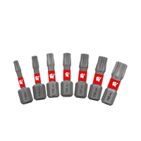 Seven gray and red Diablo DIABLO DTHV1-S7 1 in. Torx Security Drive Bits, sizes T10, T15, T25, T27, T30, and T40, align in a row. Featuring Impact Strong™ for precision with a MaxTorque Zone and a white logo on the red part of each bit.