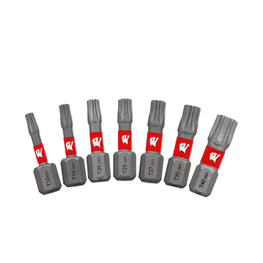 Seven gray and red Diablo DIABLO DTHV1-S7 1 in. Torx Security Drive Bits, sizes T10, T15, T25, T27, T30, and T40, align in a row. Featuring Impact Strong™ for precision with a MaxTorque Zone and a white logo on the red part of each bit.