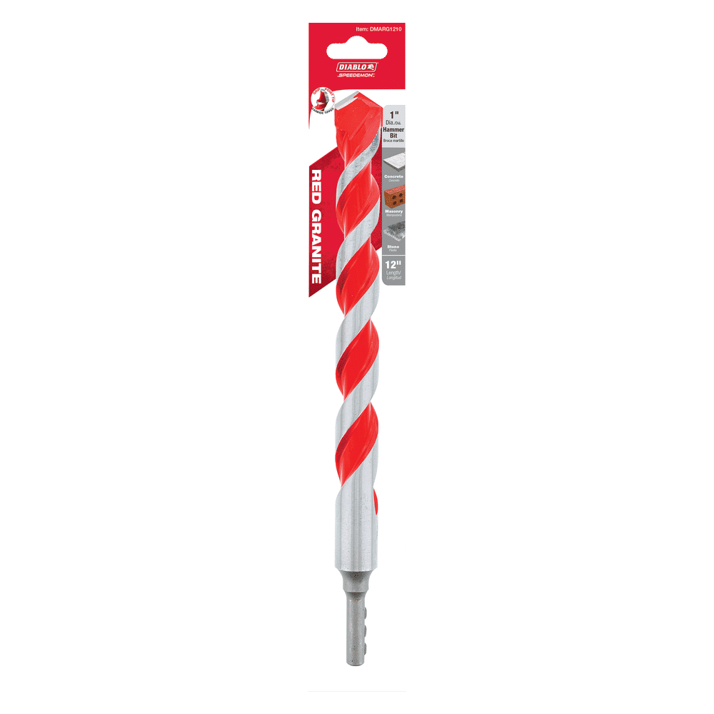 The Diablo DIABLO DMARG1210 SPEEDemon™ Red Granite hammer drill bit measures 1 in. x 10 in. x 12 in., features a red and silver spiral design with a carbide tip for masonry, and is packaged in a branded cardboard holder labeled Diablo.