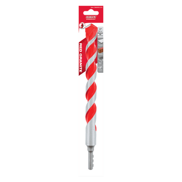 The Diablo DIABLO DMARG1210 SPEEDemon™ Red Granite hammer drill bit measures 1 in. x 10 in. x 12 in., features a red and silver spiral design with a carbide tip for masonry, and is packaged in a branded cardboard holder labeled Diablo.