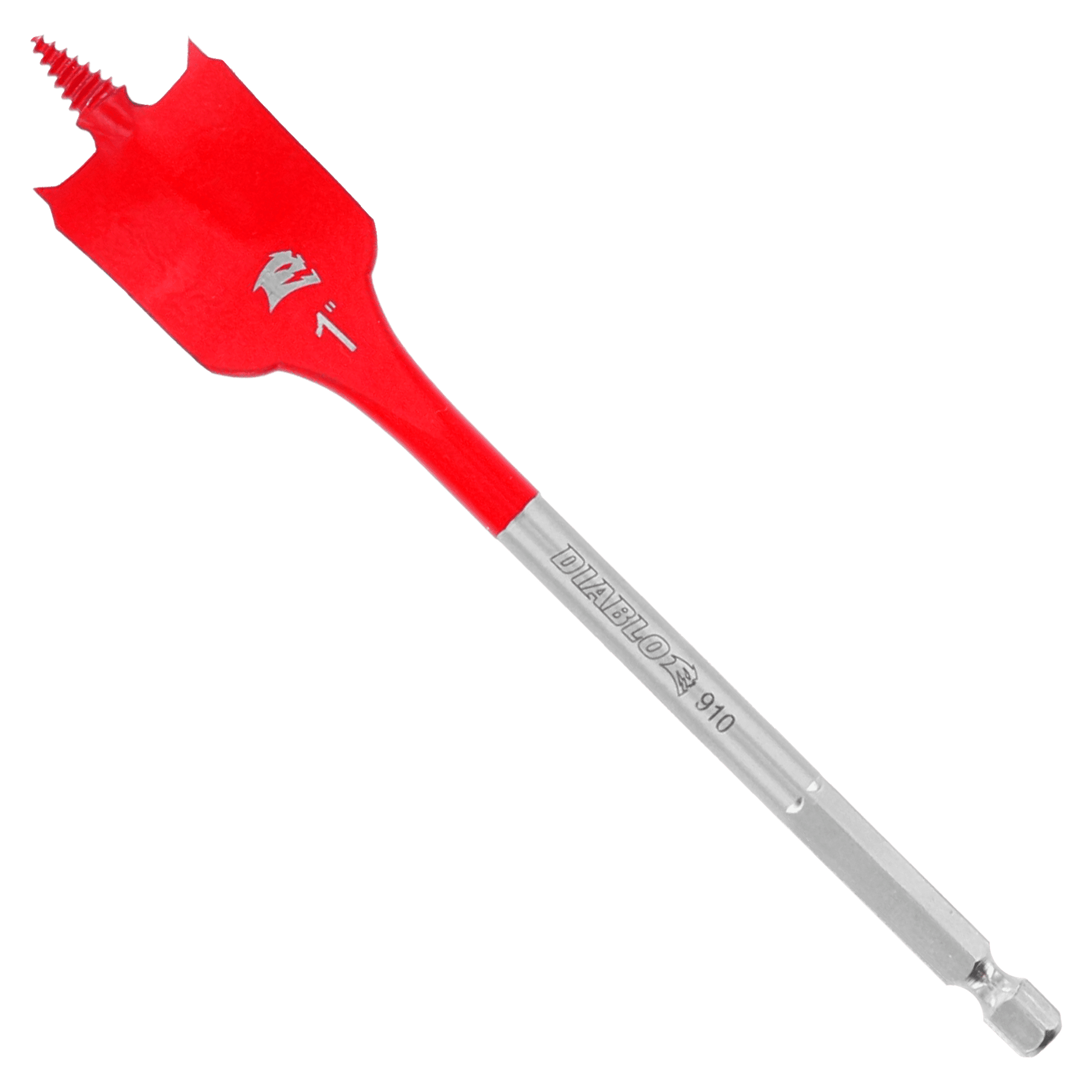 The DIABLO DSP2130-P2 1 in. x 6 in. Spade Bits for wood (2-Pack) by Diablo feature a SPEED-TIP™ design and a flat blade with sharp edges, incorporating red and silver elements.