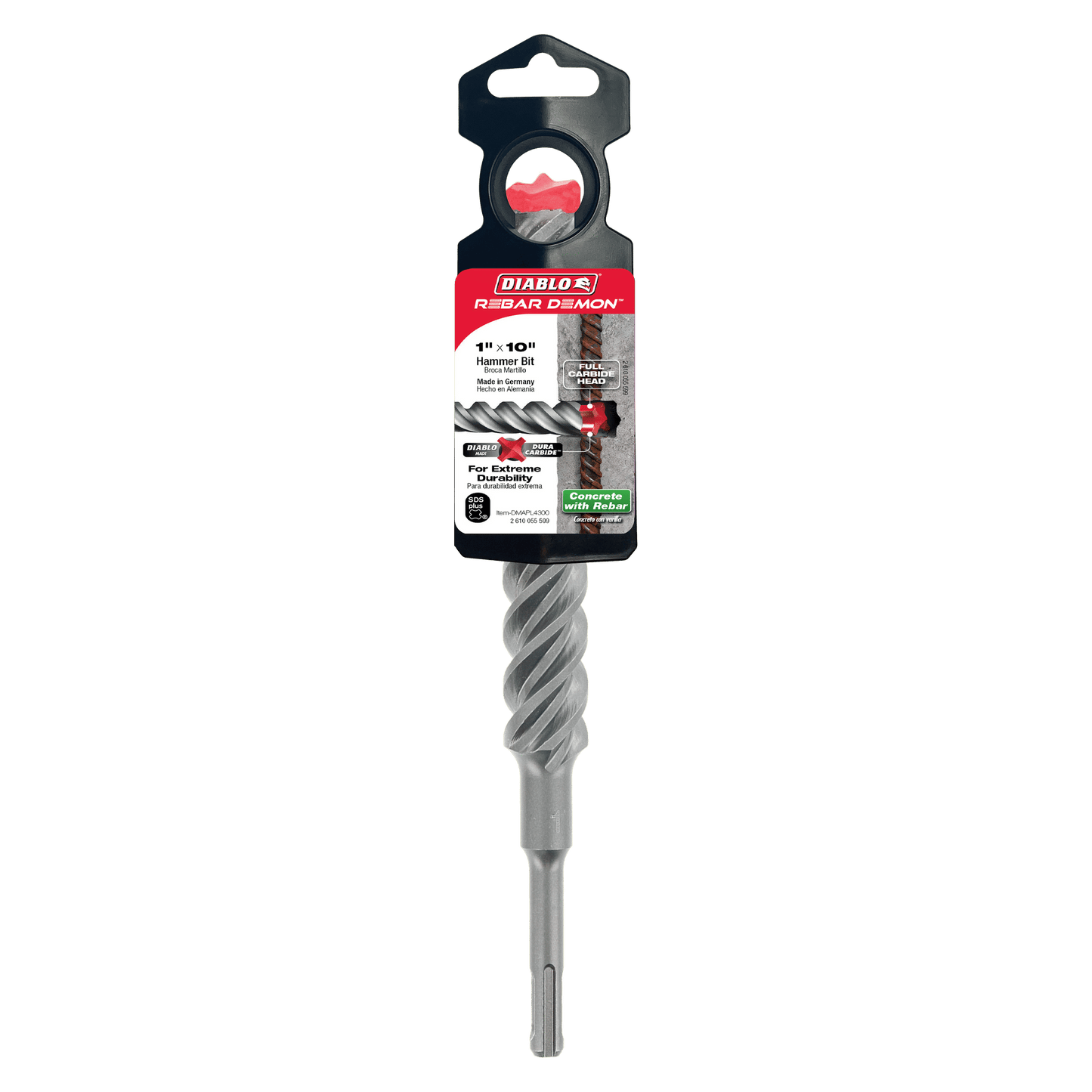 The DIABLO DMAPL4300 Rebar Demon SDS-Plus 4-Cutter Full Carbide Head Hammer Drill Bit, measuring 1 in. x 8 in. x 10 in., features a spiral design for heavy-duty use on reinforced materials and emphasizes SDS-Plus compatibility for superior tough drilling performance.