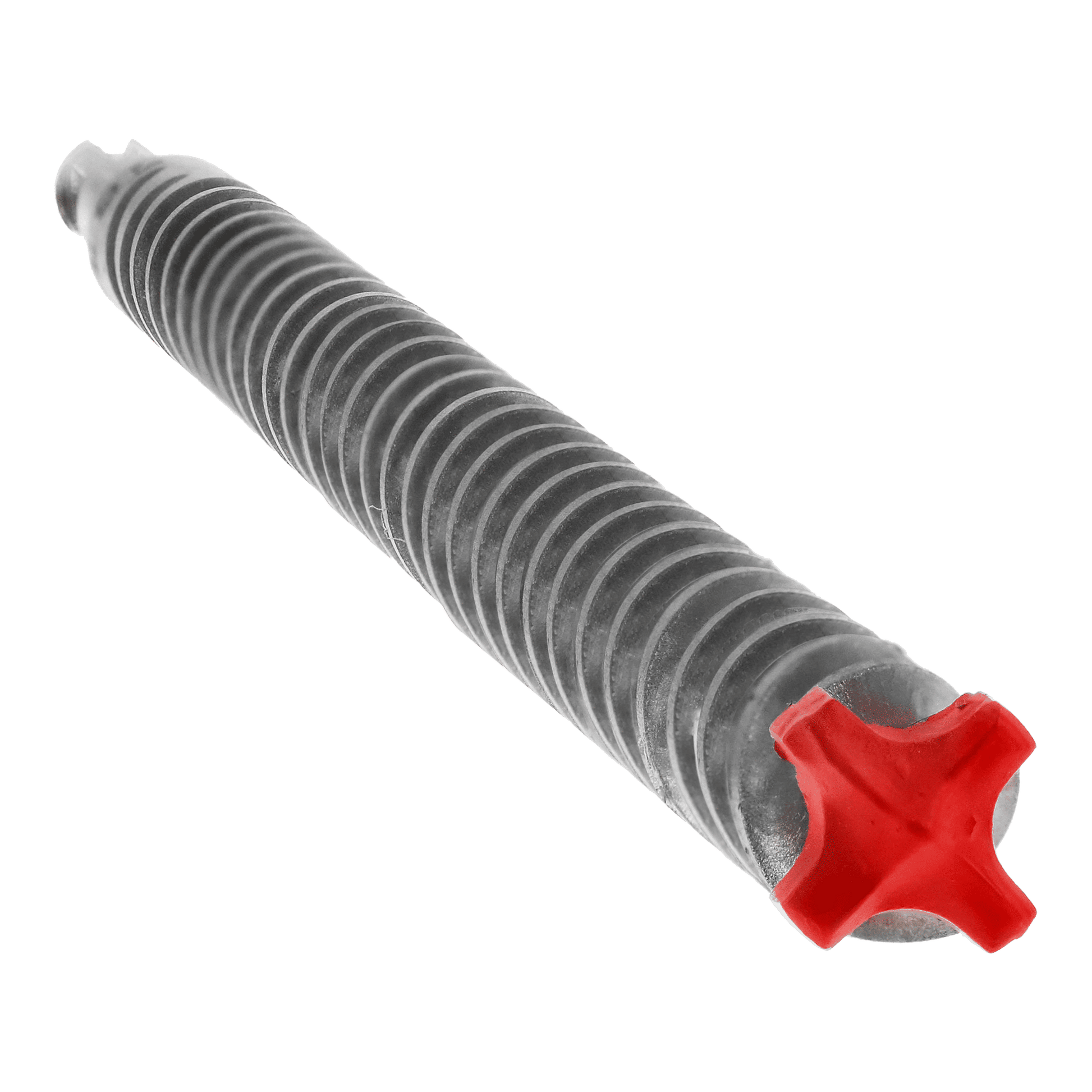 An isolated close-up depicts the DIABLO DMAPL4300 Rebar Demon™ SDS-Plus 4-Cutter Hammer Drill Bit, featuring a silver, ribbed cylindrical body with a distinct red X-shaped cap, typical of Diablos high-quality design.