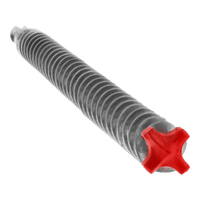 An isolated close-up depicts the DIABLO DMAPL4300 Rebar Demon™ SDS-Plus 4-Cutter Hammer Drill Bit, featuring a silver, ribbed cylindrical body with a distinct red X-shaped cap, typical of Diablos high-quality design.