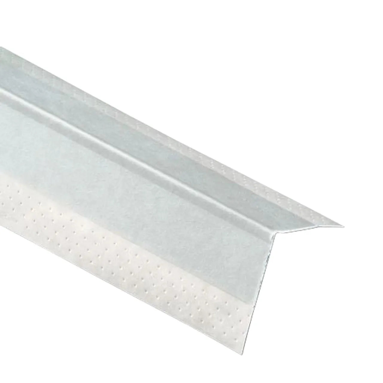 The Go Build 10 ft. Paper-Faced Super Wide Outside Corner Bead, featuring metal construction and a perforated edge with wide flanges, is shown against a white background. Its designed for reinforcing and shaping corners in drywall installations.