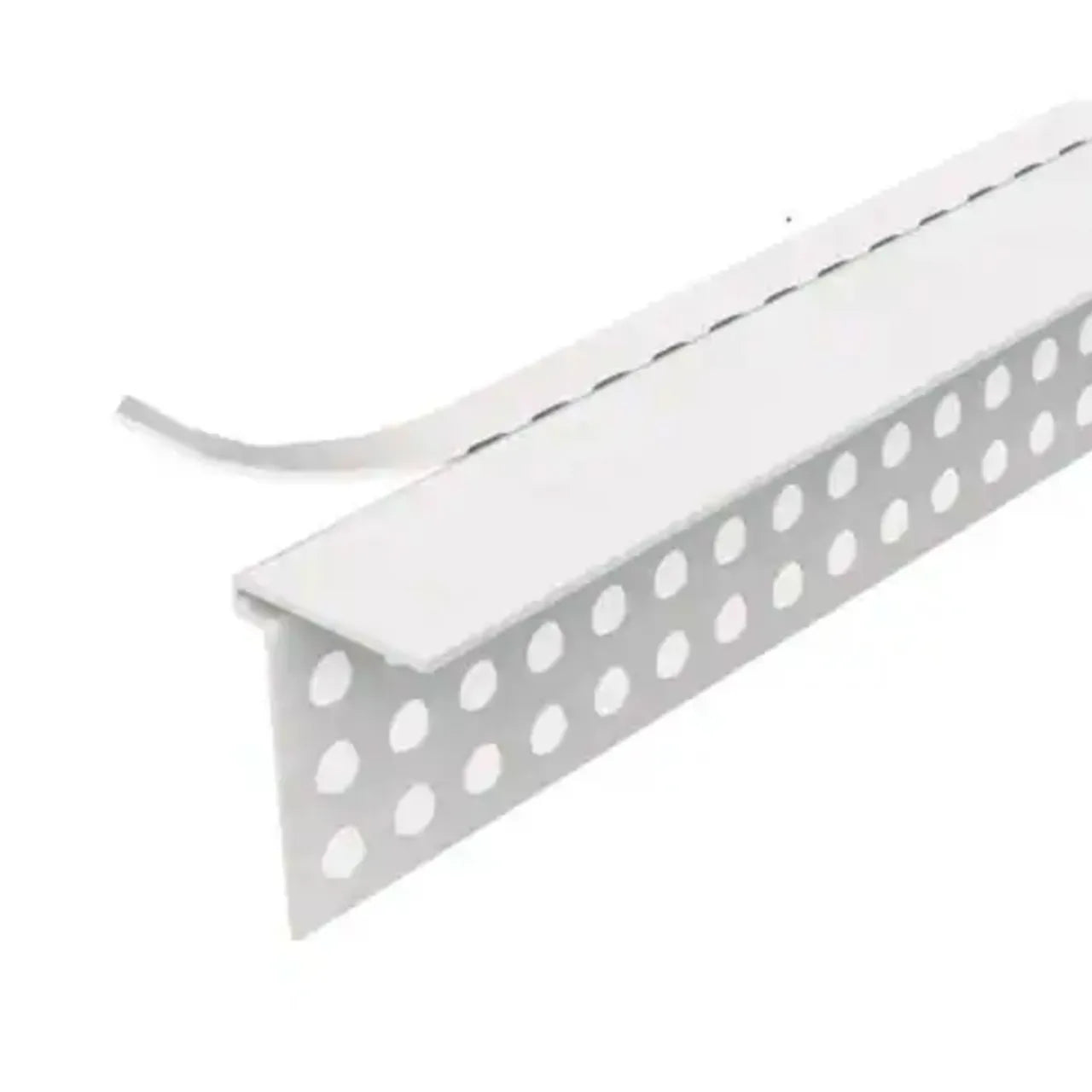 The Go Build 10 ft. Vinyl L-Trim with Tear Strip is a white, perforated PVC corner bead featuring circular holes and a 90-degree angle. Its ideal for drywall installations, providing reinforcement and protection for corners while enhancing joint compound adhesion.