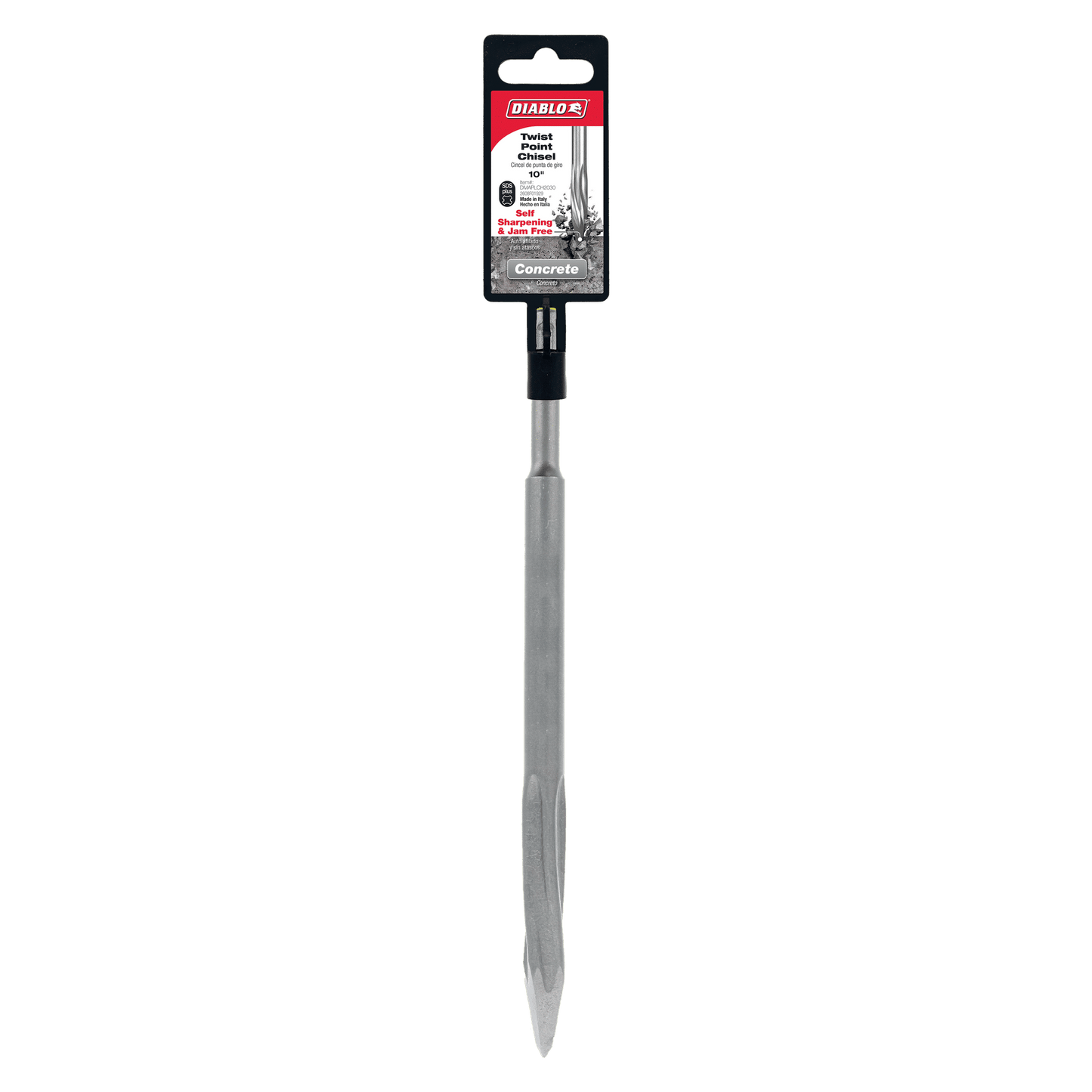 The Diablo DMAPLCH2030 10 in. SDS-Plus Twist Point Chisel features a pointed tip and grooved body, compatible with SDS-Plus systems. The Diablo brand, specifications, and an action image are displayed at the top. Perfectly engineered for heavy-duty concrete drilling.