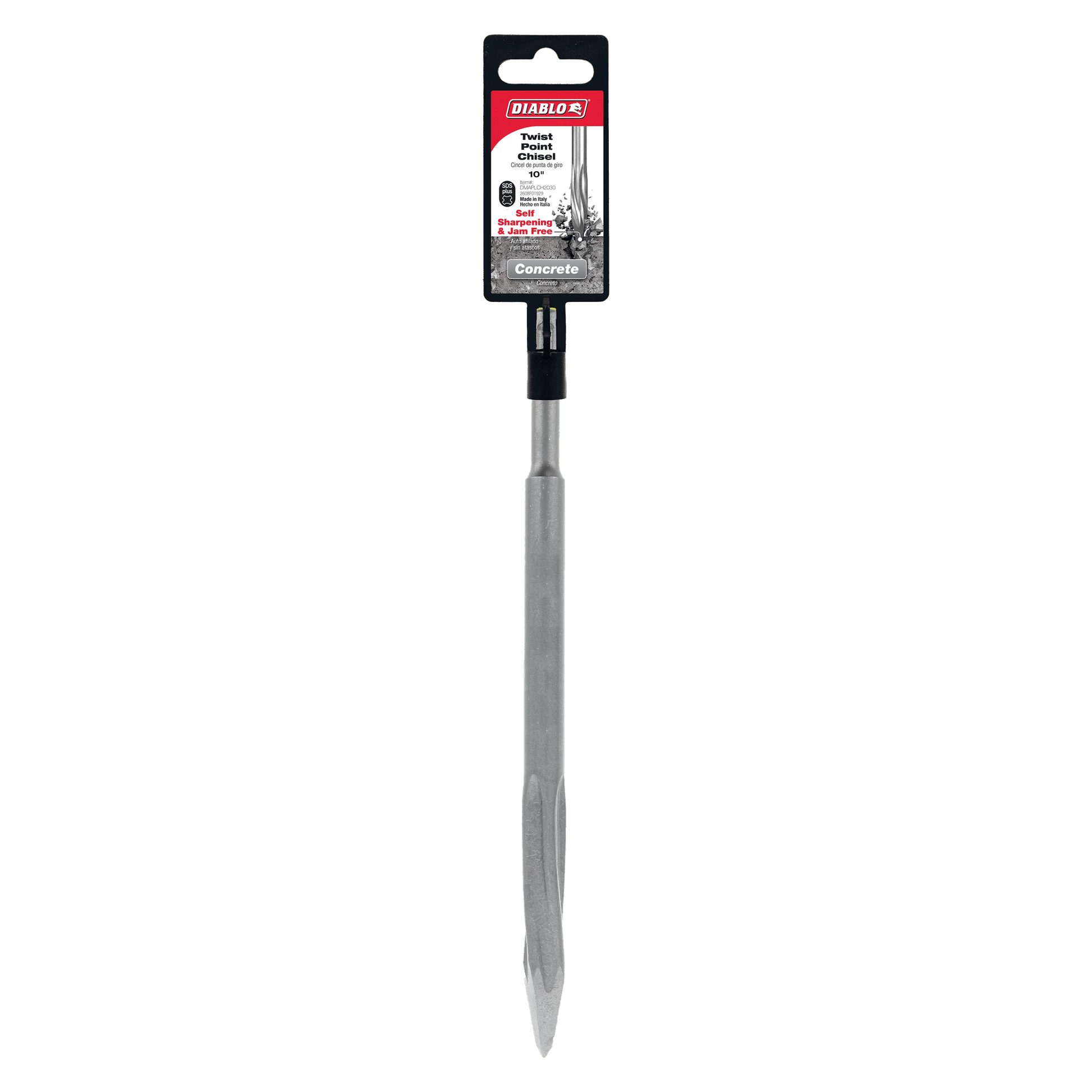 The Diablo DMAPLCH2030 10 in. SDS-Plus Twist Point Chisel features a pointed tip and grooved body, compatible with SDS-Plus systems. The Diablo brand, specifications, and an action image are displayed at the top. Perfectly engineered for heavy-duty concrete drilling.