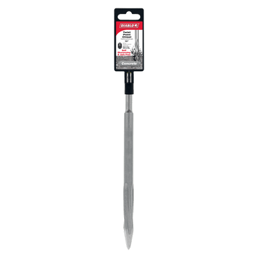 The Diablo DMAPLCH2030 10 in. SDS-Plus Twist Point Chisel features a pointed tip and grooved body, compatible with SDS-Plus systems. The Diablo brand, specifications, and an action image are displayed at the top. Perfectly engineered for heavy-duty concrete drilling.