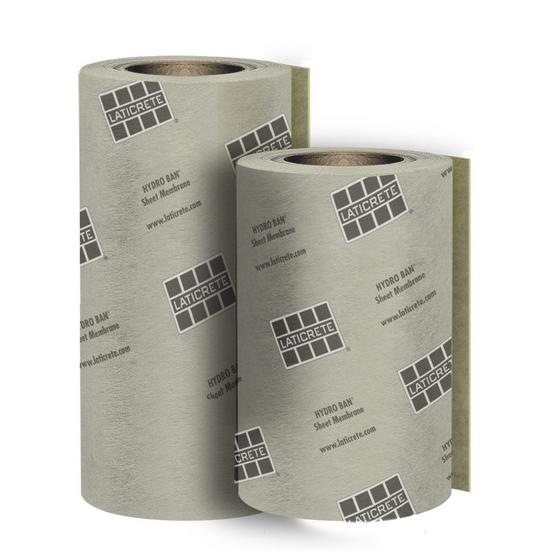 Two rolls of LATICRETE HYDRO BAN SEALING TAPE 5 IN. X 16.5 IN. by Laticrete, offering superior water protection with grey surfaces and printed logos, stand upright against a white background; one roll is taller than the other.