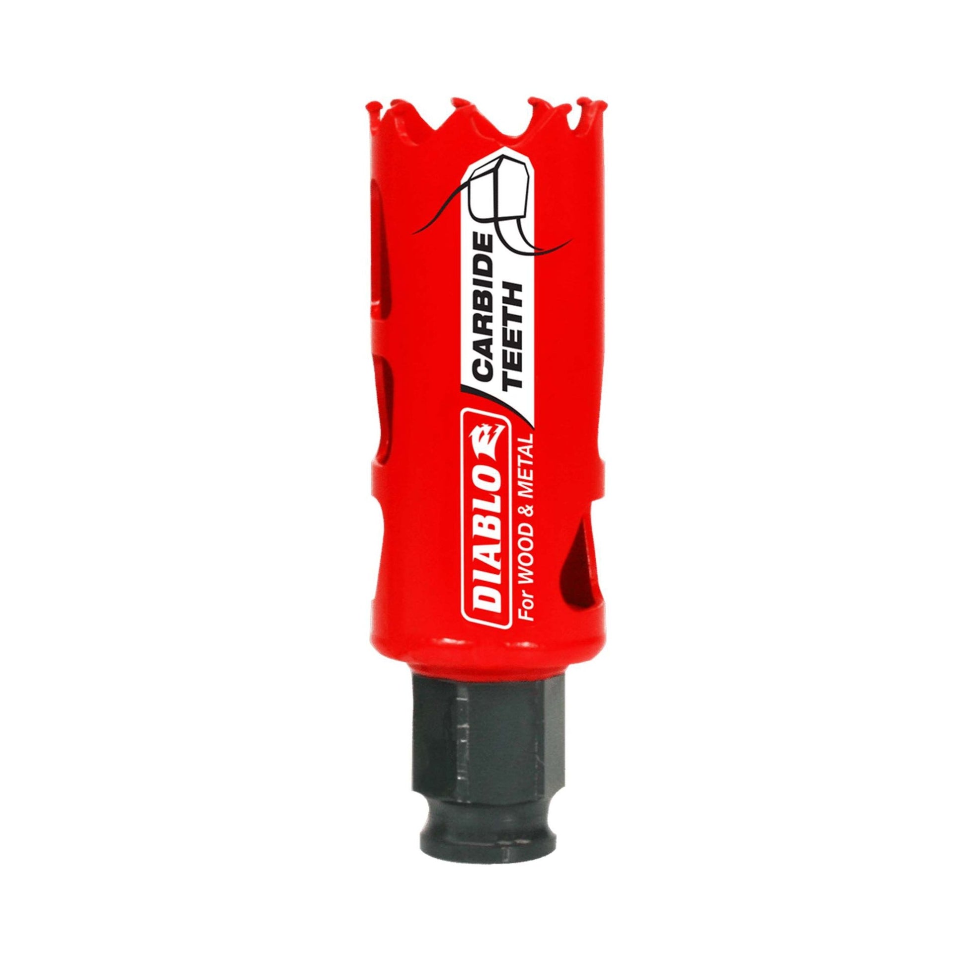 The DIABLO DHS1125CT 1-1/8 in. Carbide Teeth Hole Saw from Diablo is perfect for wood and metal cutting. Its red cylindrical body with jagged edges ensures faster performance, boosting project productivity, while displaying Diablo and specifications on the side.