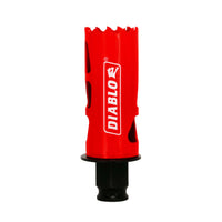 The Diablo DHS1125 1-1/8 in. x 2-3/8 in. High Performance Hole Saw features a red cylindrical design with jagged top teeth, a black base, and the Snap-Lock Plus mandrel system; the Diablo logo is elegantly printed in white against a plain background.