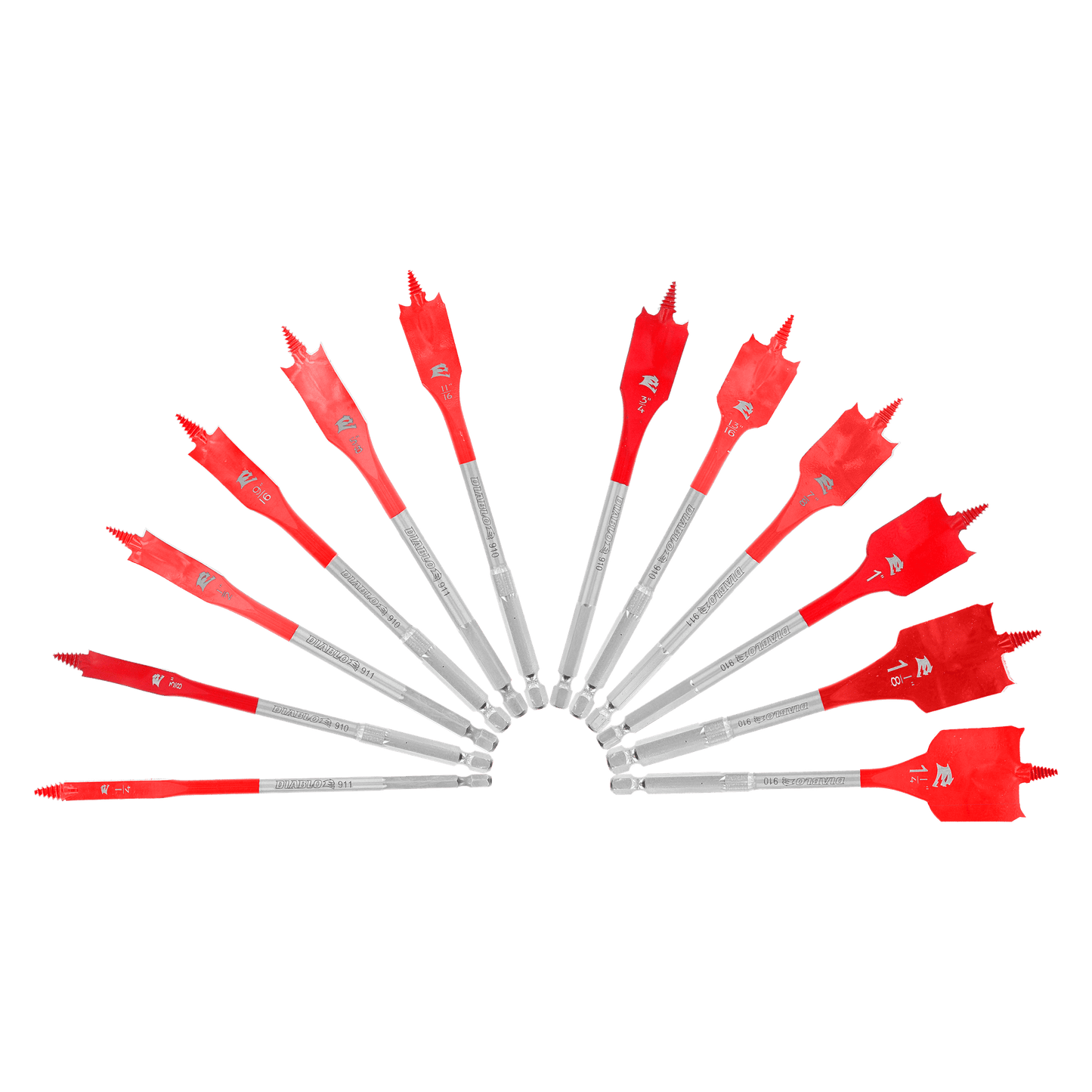 The DIABLO DSP2950-S12 12-Piece Spade Bit Set by Diablo features red and silver bits with SPEED-TIP™ for precision and Impact Strong™ durability, arranged semicircle on a white background.