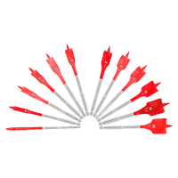 The DIABLO DSP2950-S12 12-Piece Spade Bit Set by Diablo features red and silver bits with SPEED-TIP™ for precision and Impact Strong™ durability, arranged semicircle on a white background.