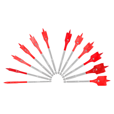 The DIABLO DSP2950-S12 12-Piece Spade Bit Set by Diablo features red and silver bits with SPEED-TIP™ for precision and Impact Strong™ durability, arranged semicircle on a white background.