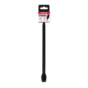 The DIABLO DHS375XT12 12 in. x 3/8 in. Universal Extension for Drills is a straight, black tool featuring a Snap-Lock Plus™ Mandrel System, labeled with the red and white Diablo logo, and includes a connector at the bottom. The background is plain white.