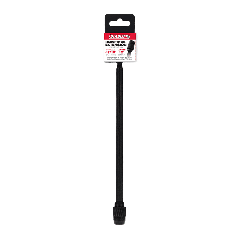 The Diablo DHS500XT12 12 x 7/16 Universal Extension for Drills, in black, has a quick-change feature and is suitable for flex and fixed accessories. The tool comes in a small red and white package.