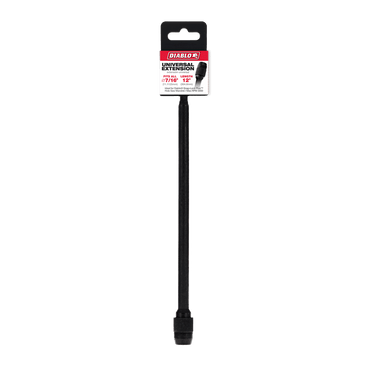 The Diablo DHS500XT12 12 x 7/16 Universal Extension for Drills, in black, has a quick-change feature and is suitable for flex and fixed accessories. The tool comes in a small red and white package.