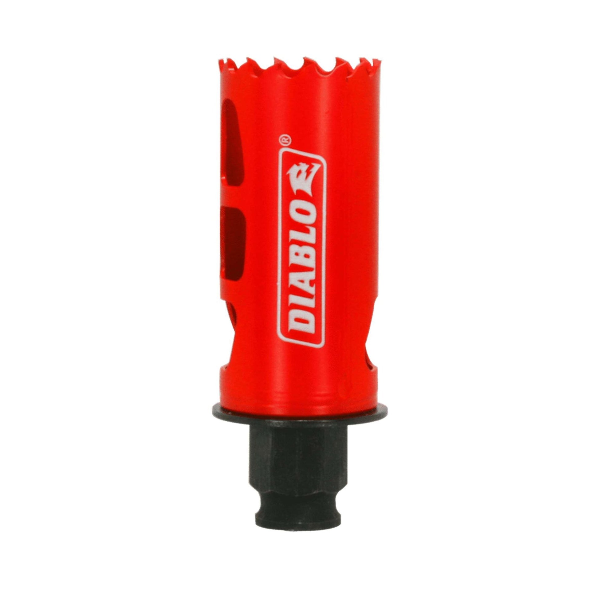 The DIABLO DHS1250 hole saw, showcasing a red cylindrical design with Diablos devil logo in white, features a variable tooth pattern for faster cuts and includes sharp teeth at the top with a hexagonal shank for easy attachment.