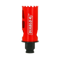 The DIABLO DHS1250 hole saw, showcasing a red cylindrical design with Diablos devil logo in white, features a variable tooth pattern for faster cuts and includes sharp teeth at the top with a hexagonal shank for easy attachment.