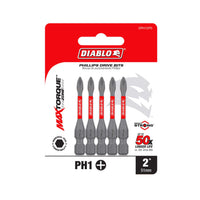 The DIABLO DPH12P5 packaging displays five 2-inch #1 Phillips bits, featuring MaxTorque Zone and Impact Strong™ tech for longevity up to 50x. English and Spanish descriptions are included for clarity.