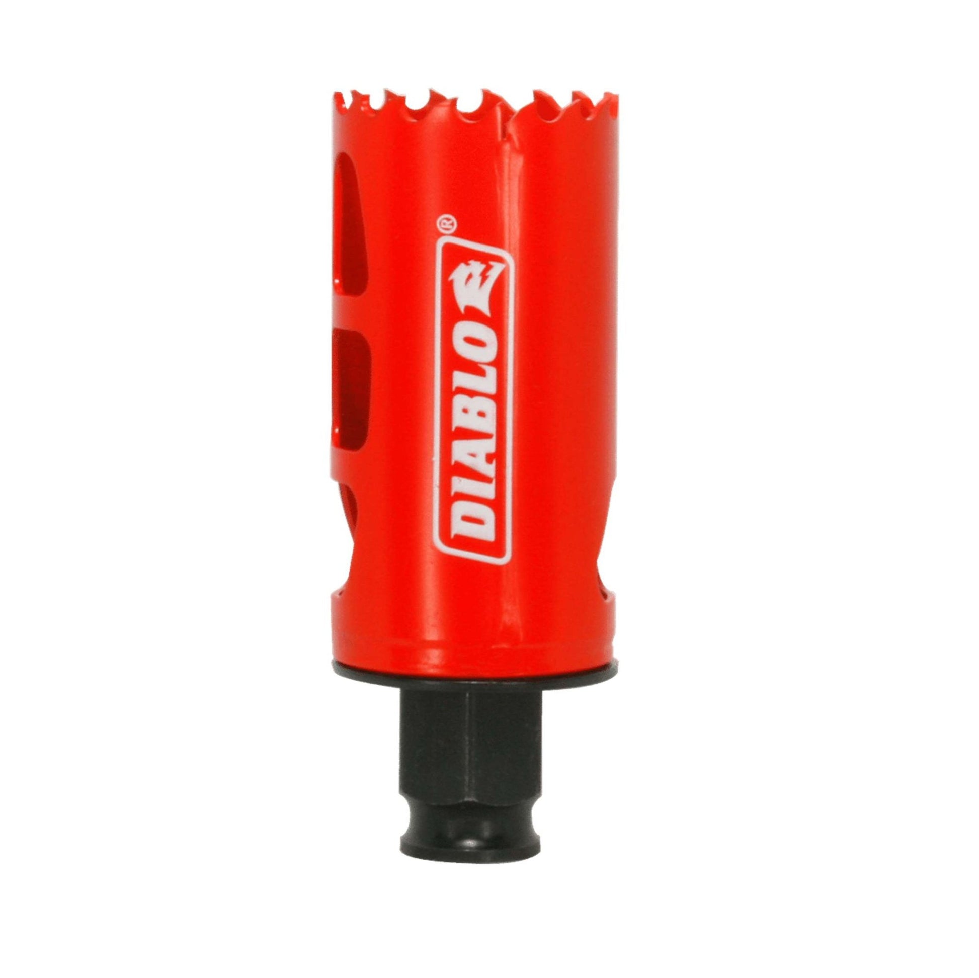 The DIABLO DHS1375 1-3/8 in. x 2-3/8 in. high-performance hole saw by Diablo is red, cylindrical, and made from Bi-Metal material. It has a jagged edge with a Variable Tooth Design for efficient mounting, a ventilation hole, and a black base for drills.