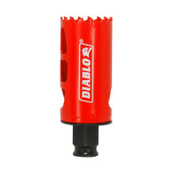 The DIABLO DHS1375 1-3/8 in. x 2-3/8 in. high-performance hole saw by Diablo is red, cylindrical, and made from Bi-Metal material. It has a jagged edge with a Variable Tooth Design for efficient mounting, a ventilation hole, and a black base for drills.