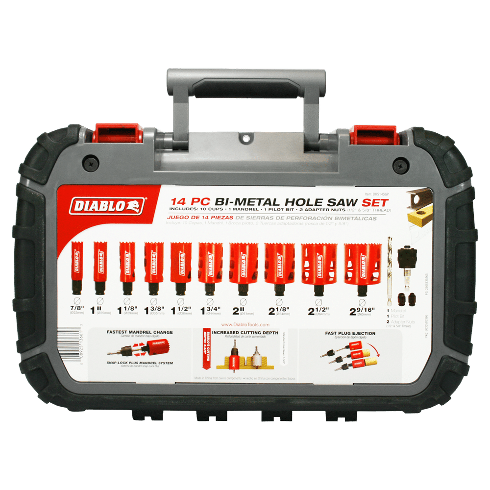 The DIABLO DHS14SGP 14-Piece General Purpose Bi-Metal Hole Saw Set by Diablo comes in a gray case featuring a label with saw images and specs like sizes and features. It also includes the Snap-Lock Plus mandrel for quick, easy changes.