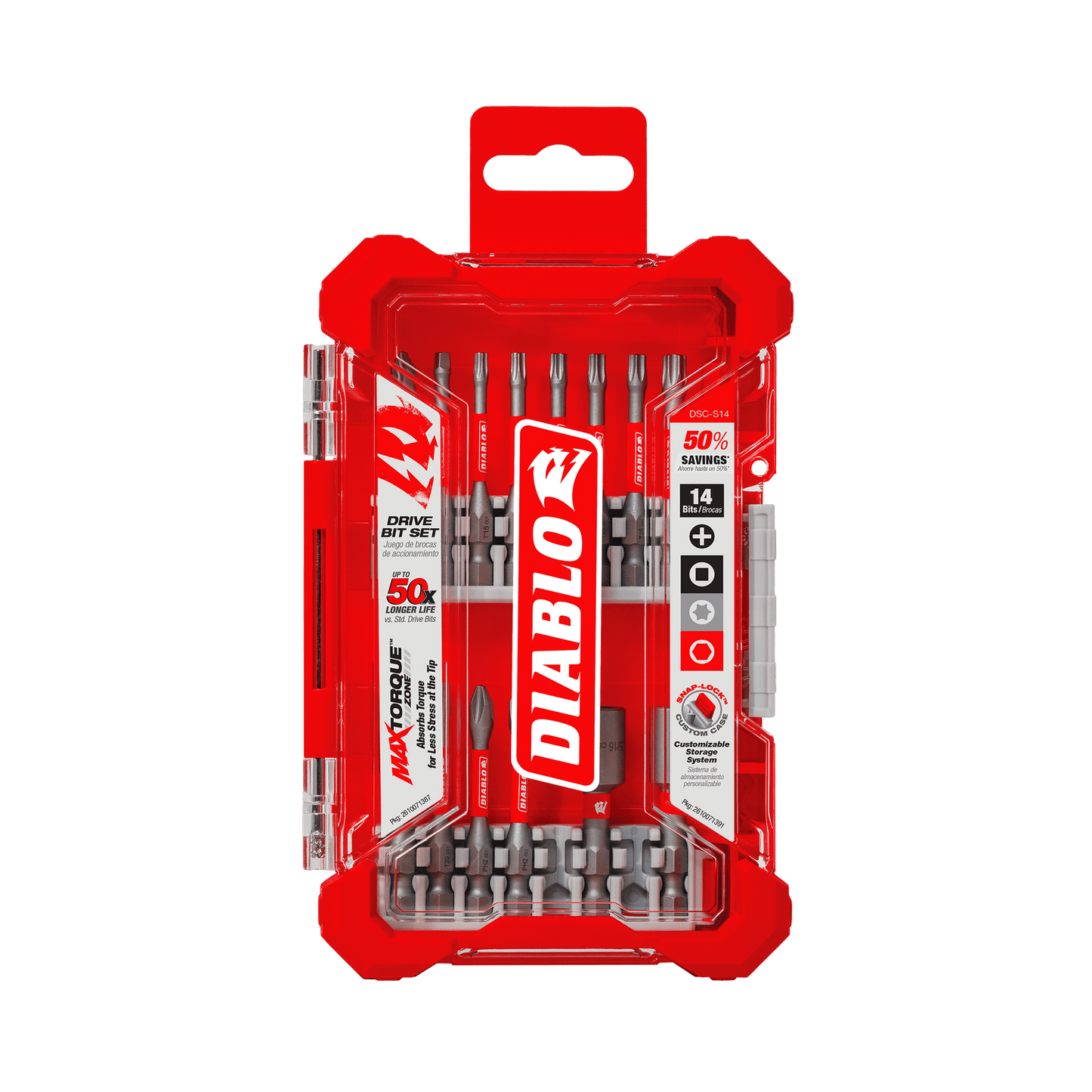 The DIABLO DSC-S14 14-Piece Screwdriving Set comes in a red plastic case, showcasing impact-resistant drive bits. The iconic Diablo logo highlights the sets extreme durability and superior performance.