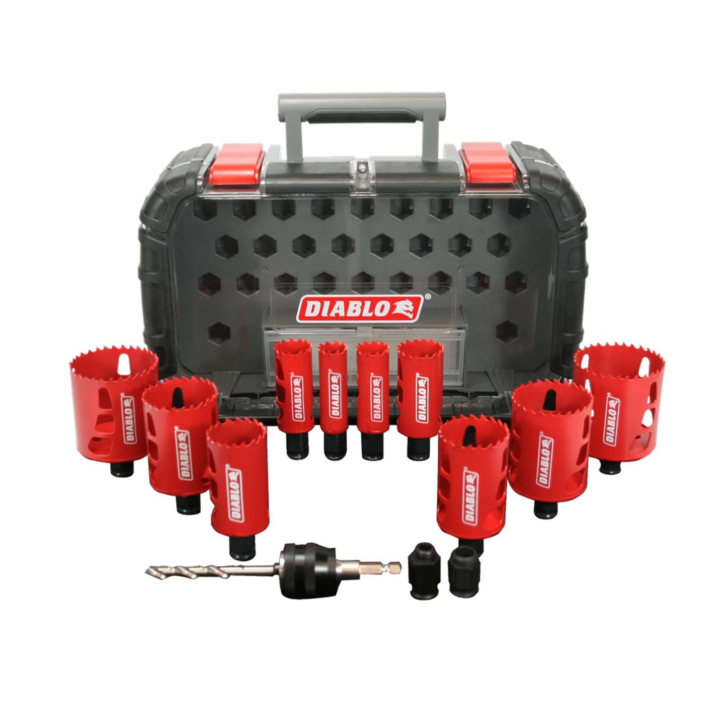 The DIABLO DHS14SGP 14-Piece General Purpose Bi-Metal Hole Saw Set by Diablo features a black and gray tool case with a red handle and logo, containing nine bi-metal hole saws with various sizes and extra drill attachments alongside a Snap-Lock Plus mandrel.