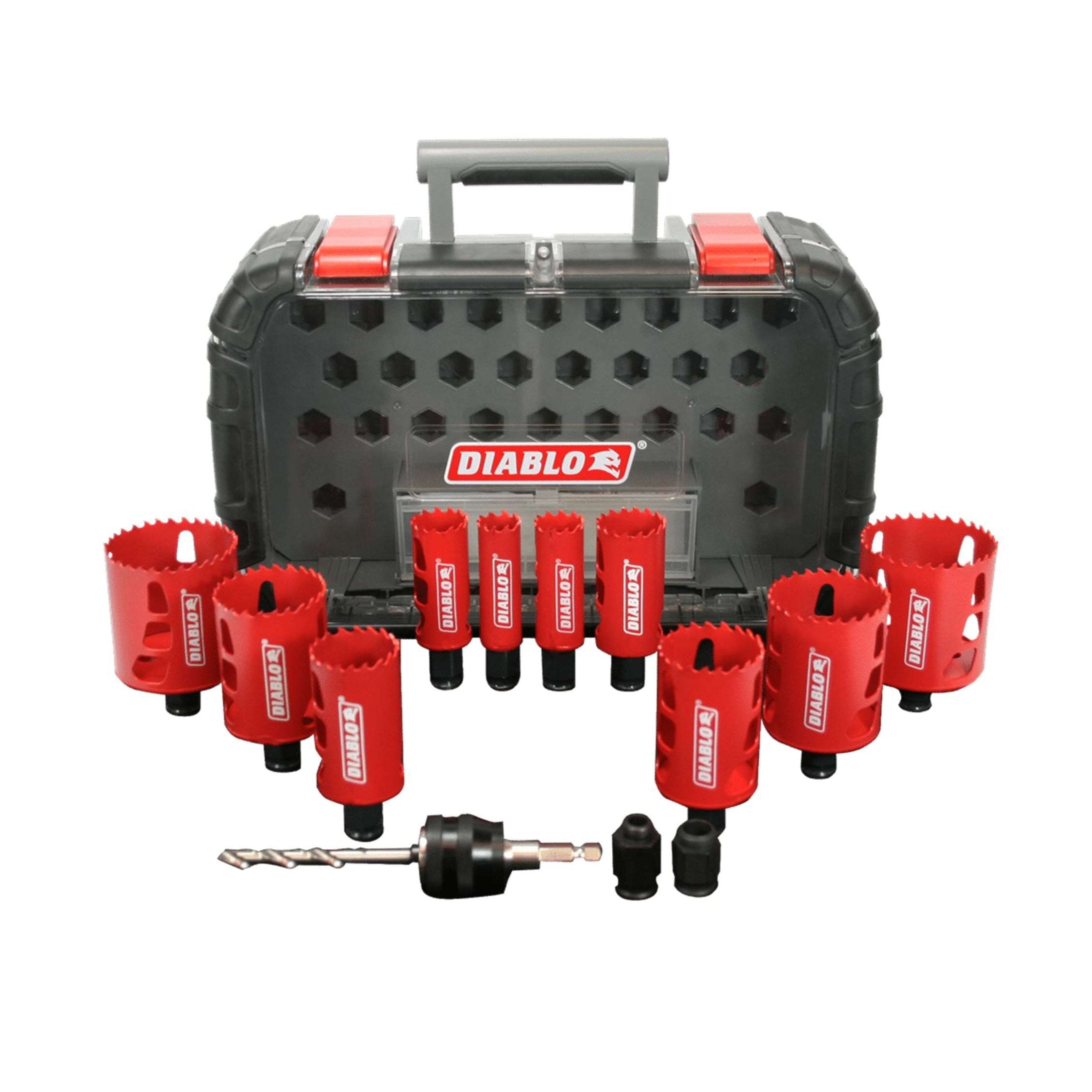 The DIABLO DHS14SGP 14-Piece General Purpose Bi-Metal Hole Saw Set by Diablo features a black and gray tool case with a red handle and logo, containing nine bi-metal hole saws with various sizes and extra drill attachments alongside a Snap-Lock Plus mandrel.