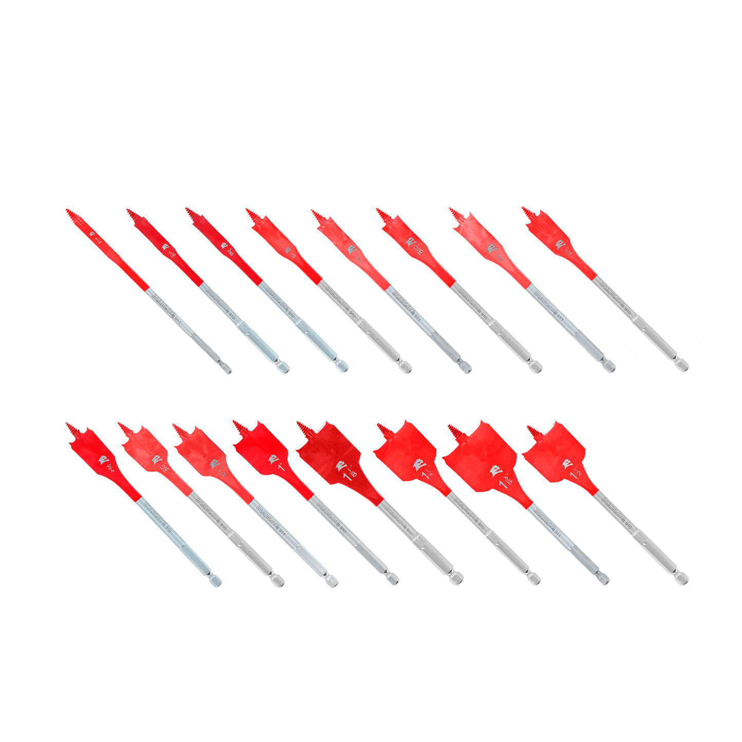 The Diablo DIABLO DSP2980-S16 16-Piece Spade Bit Set for Wood showcases Impact Strong construction with red drill bits arranged in two diagonal rows. Each bit has a flat, spade-like shape and metal shafts with measurement markings.